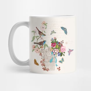 Vintage French style architectural image enhanced with flowers, birds butterflies, script. Interacted design for your projects. Mug